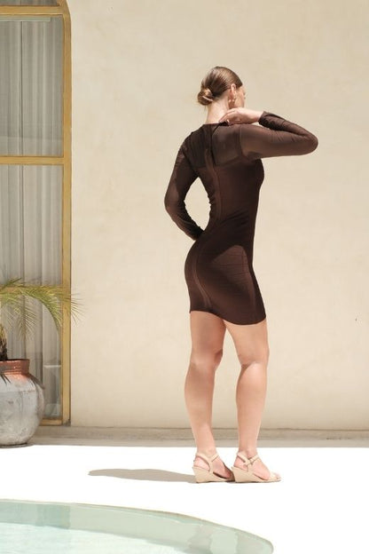 Tan Brown Mesh Yoke Long Sleeve Bandage Mini Dress