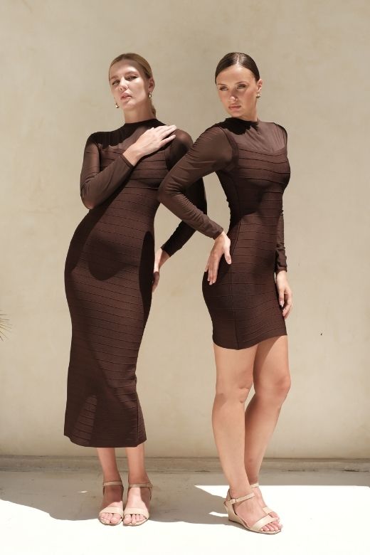 Tan Brown Mesh Yoke Long Sleeve Bandage Mini Dress
