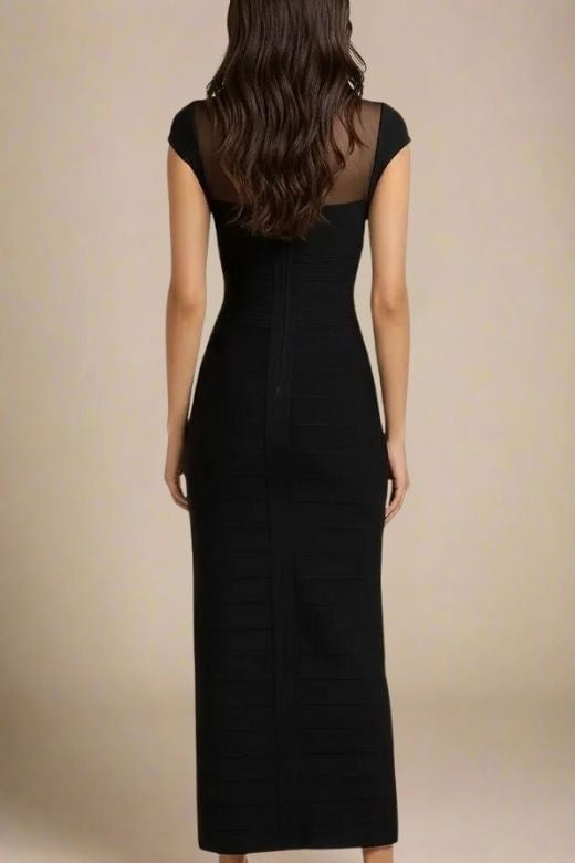 Classic Black Bandage Mesh Yoke Sweetheart Cap Sleeve Maxi Dress