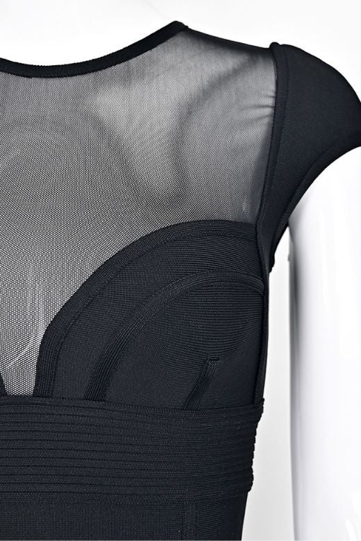 Classic Black Bandage Mesh Yoke Sweetheart Cap Sleeve Maxi Dress
