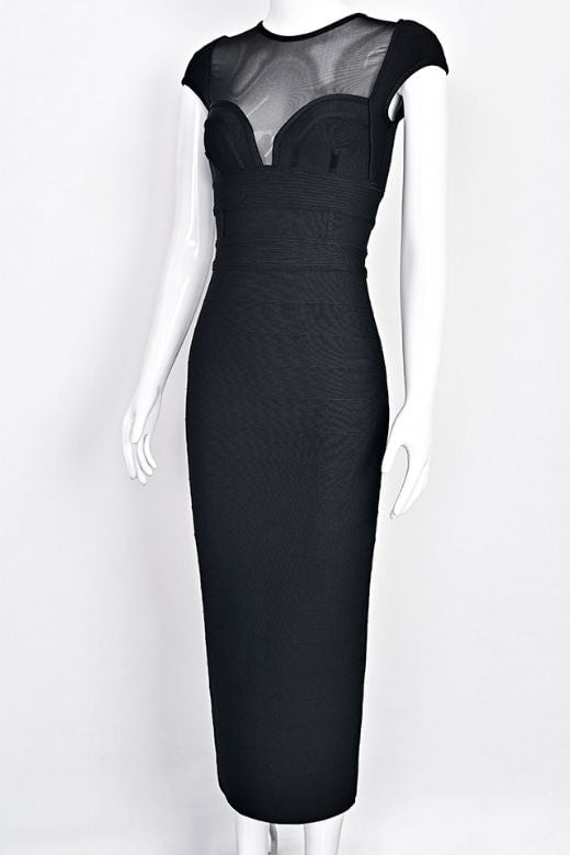 Classic Black Bandage Mesh Yoke Sweetheart Cap Sleeve Maxi Dress