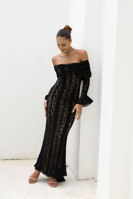 Sangria Purple Lace Off Shoulder Tie Front Mermaid Maxi Gown