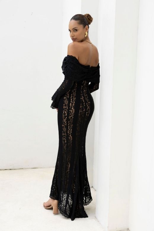 Classic Black Off Shoulder Lace Up Long Sleeve Lace Maxi Dress