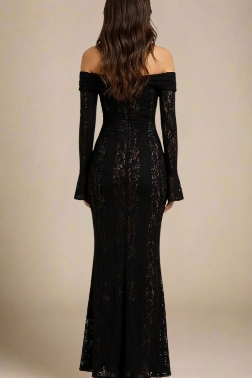 Classic Black Off Shoulder Lace Up Long Sleeve Lace Maxi Dress