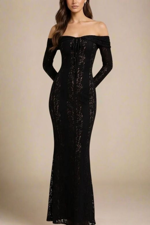 Classic Black Off Shoulder Lace Up Long Sleeve Lace Maxi Dress