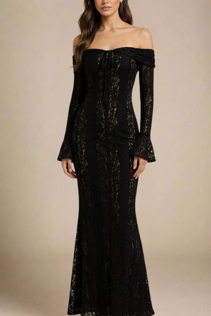Classic Black Off Shoulder Lace Up Long Sleeve Lace Maxi Dress
