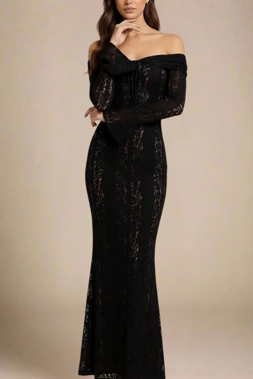 Classic Black Off Shoulder Lace Up Long Sleeve Lace Maxi Dress