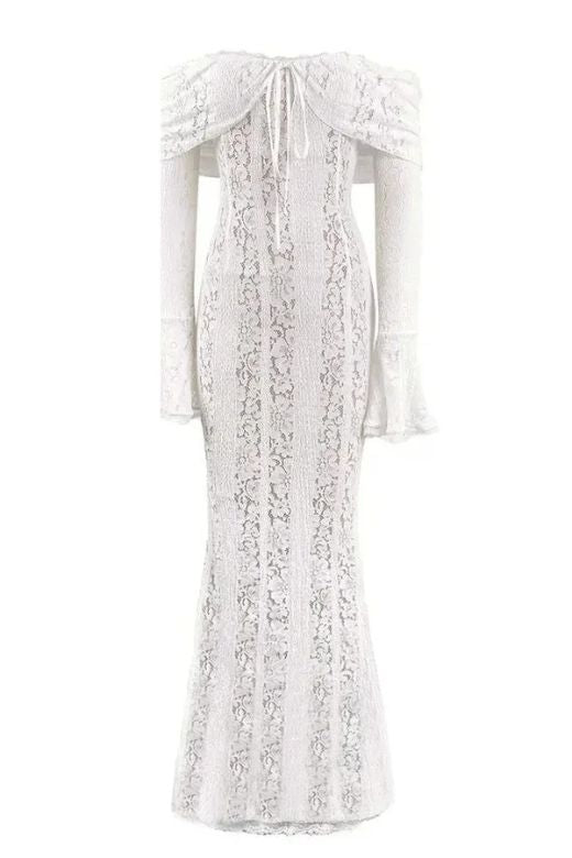 Pearl White Off Shoulder Lace Up Bell Sleeve Panel Lace Maxi Dress