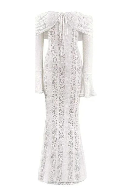 Pearl White Off Shoulder Lace Up Bell Sleeve Panel Lace Maxi Dress