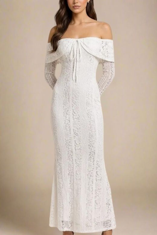 Pearl White Off Shoulder Lace Up Bell Sleeve Panel Lace Maxi Dress