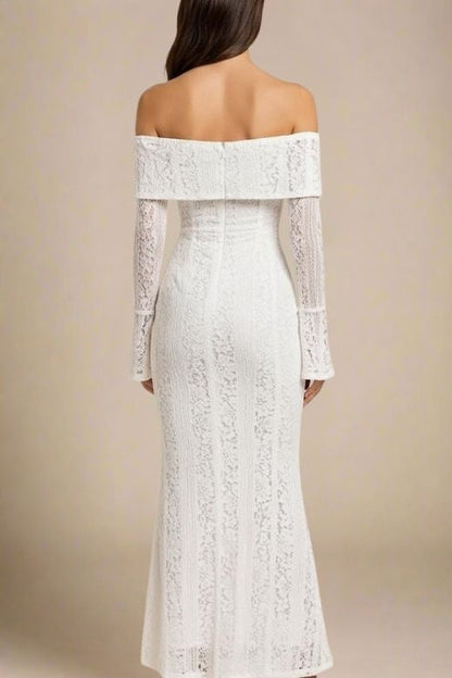 Pearl White Off Shoulder Lace Up Bell Sleeve Panel Lace Maxi Dress
