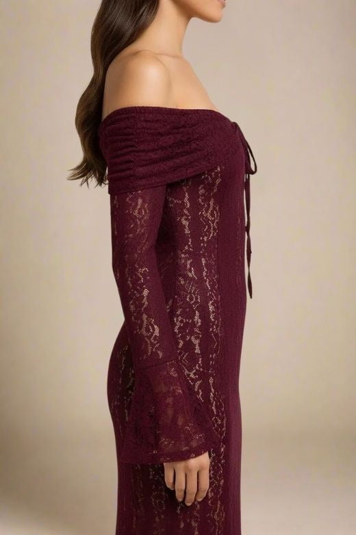 Sangria Purple Lace Off Shoulder Tie Front Mermaid Maxi Gown