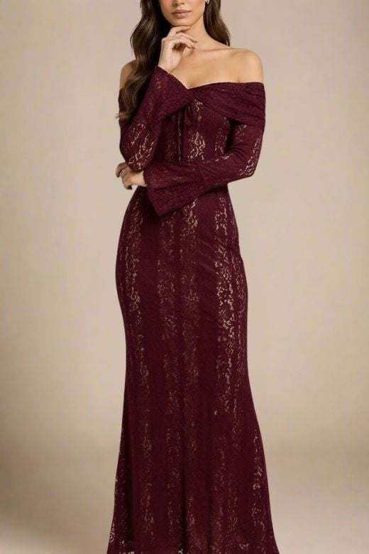 Sangria Purple Lace Off Shoulder Tie Front Mermaid Maxi Gown
