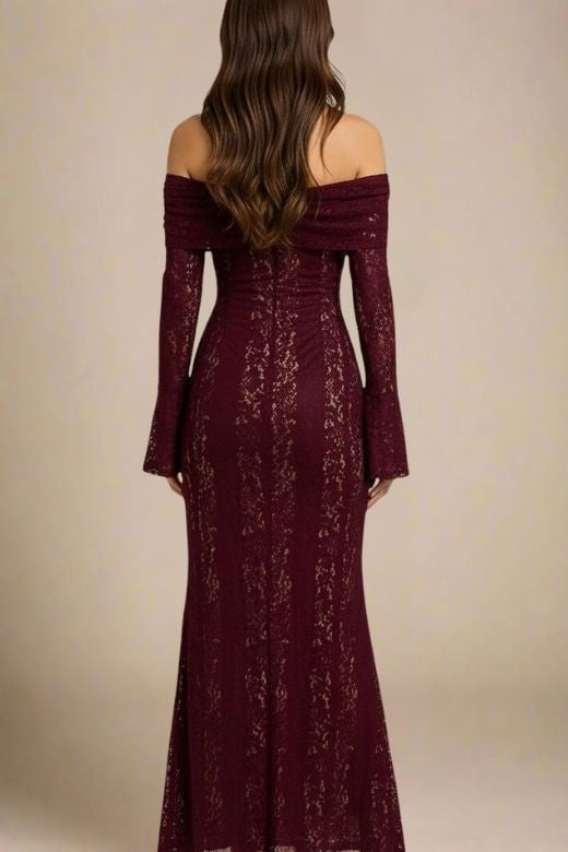 Sangria Purple Lace Off Shoulder Tie Front Mermaid Maxi Gown