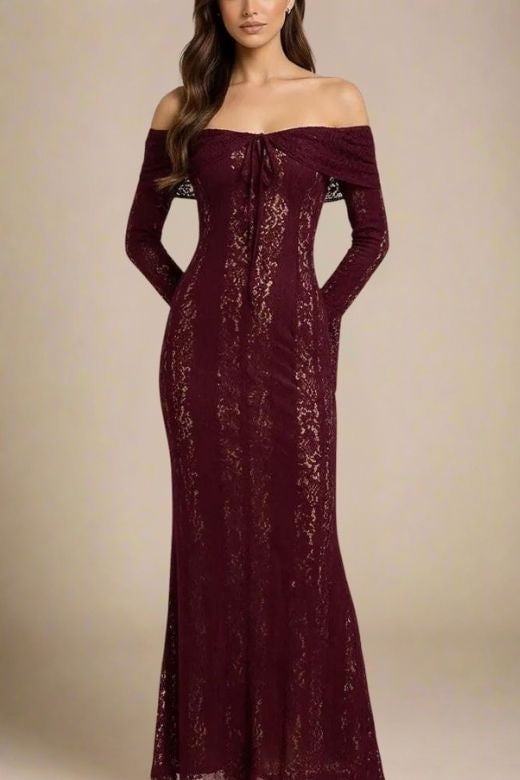 Sangria Purple Lace Off Shoulder Tie Front Mermaid Maxi Gown