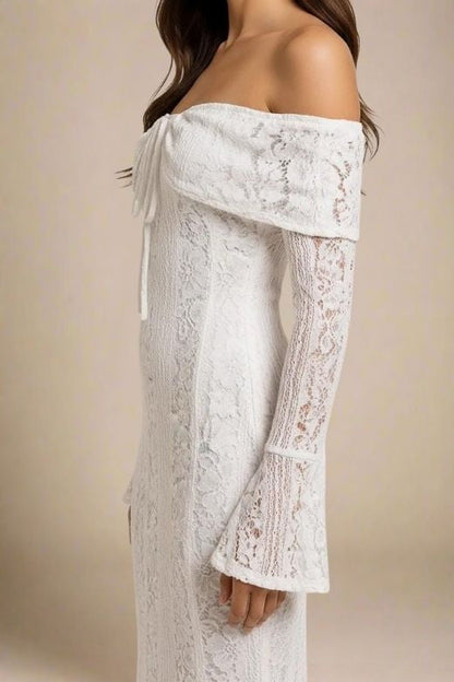 Pearl White Off Shoulder Lace Up Bell Sleeve Panel Lace Maxi Dress