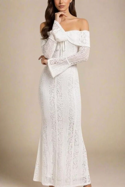 Pearl White Off Shoulder Lace Up Bell Sleeve Panel Lace Maxi Dress