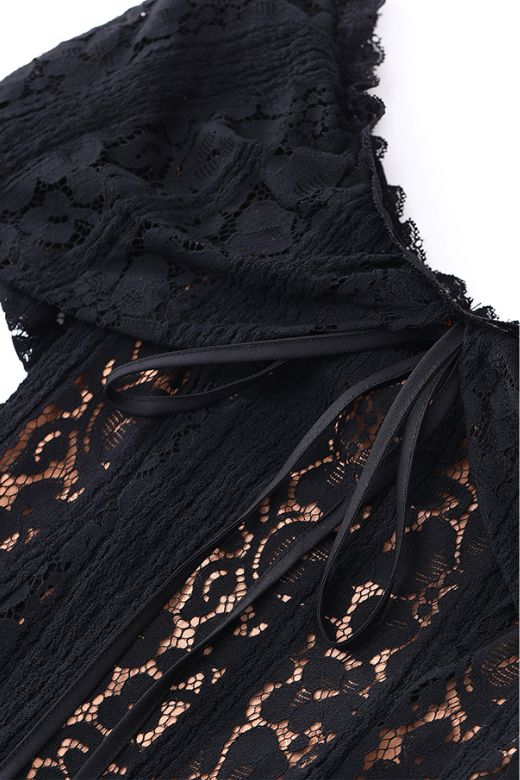 Classic Black Off Shoulder Lace Up Bell Sleeve Floral Lace Mini Dress