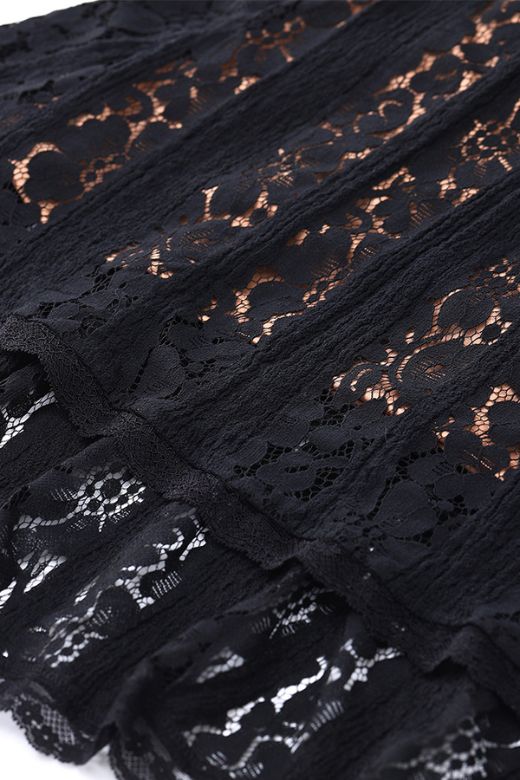 Classic Black Off Shoulder Lace Up Bell Sleeve Floral Lace Mini Dress