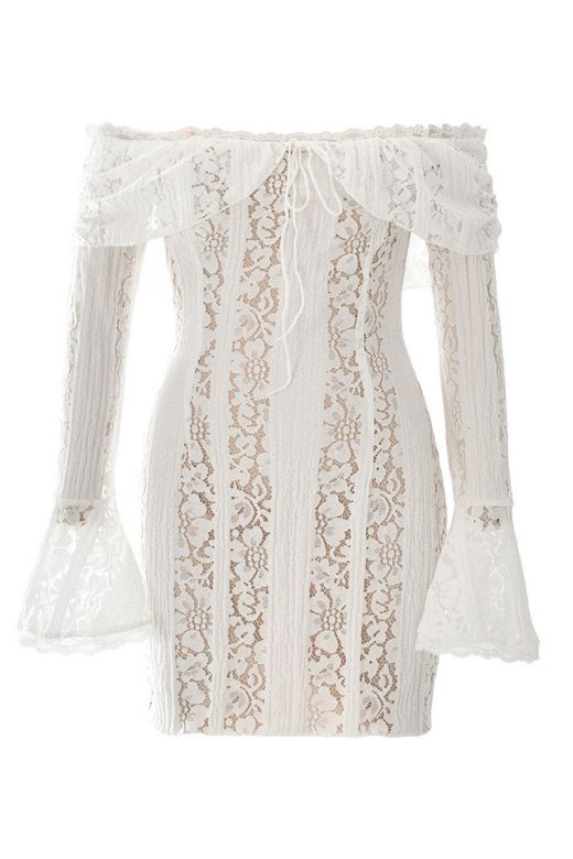 Pearl White Off Shoulder Lace Up Bell Sleeve Floral Lace Mini Dress