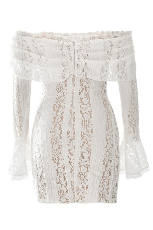 Pearl White Off Shoulder Lace Up Bell Sleeve Floral Lace Mini Dress