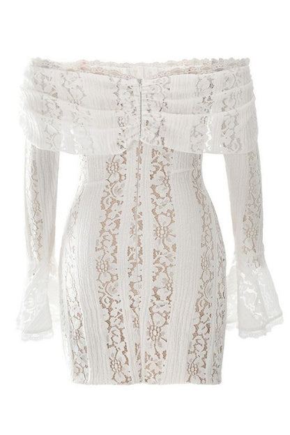 Pearl White Off Shoulder Lace Up Bell Sleeve Floral Lace Mini Dress