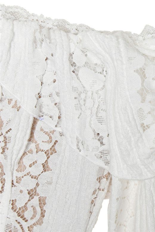 Pearl White Off Shoulder Lace Up Bell Sleeve Floral Lace Mini Dress