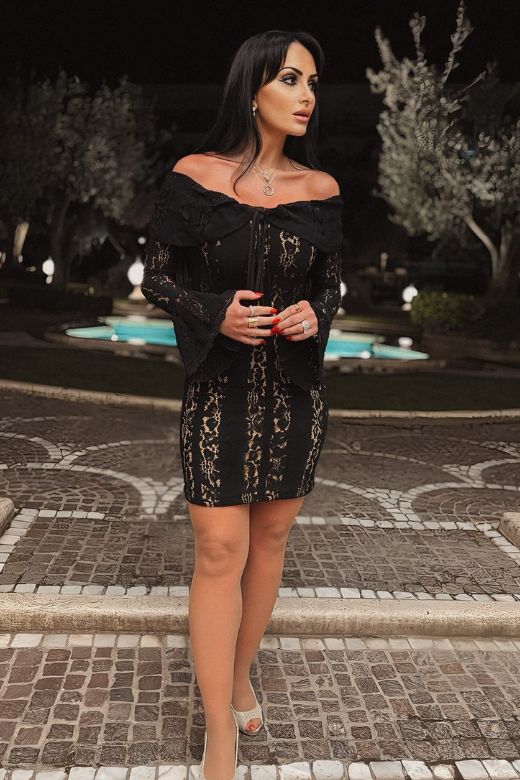 Classic Black Off Shoulder Lace Up Bell Sleeve Floral Lace Mini Dress