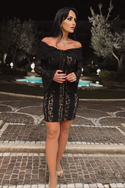 Classic Black Off Shoulder Lace Up Bell Sleeve Floral Lace Mini Dress