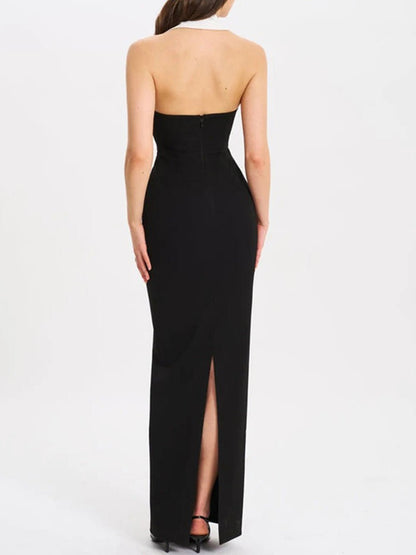 Black Tuxedo Halter Neck Contrast Lapel Column Maxi Gown