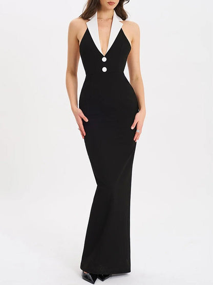 Black Tuxedo Halter Neck Contrast Lapel Column Maxi Gown