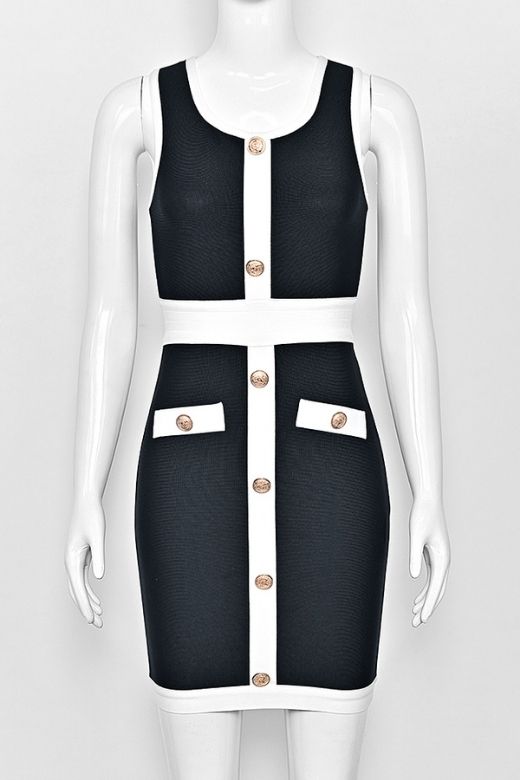 Classic Black Round Neck Contrast Trim Faux Pocket Bandage Bodycon Mini Dress