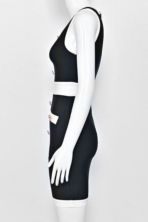 Classic Black Round Neck Contrast Trim Faux Pocket Bandage Bodycon Mini Dress