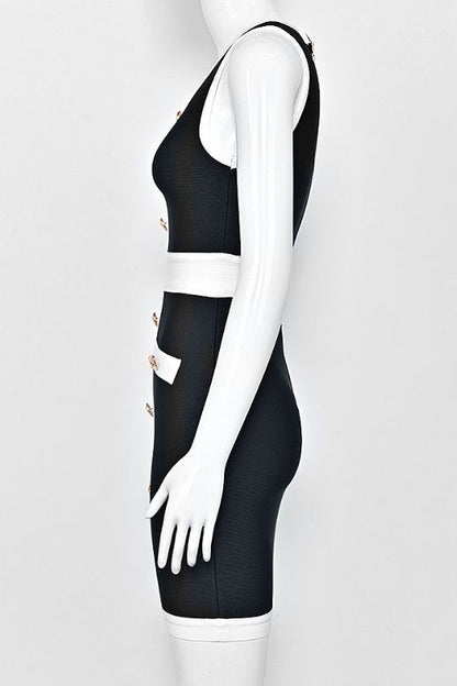Classic Black Round Neck Contrast Trim Faux Pocket Bandage Bodycon Mini Dress