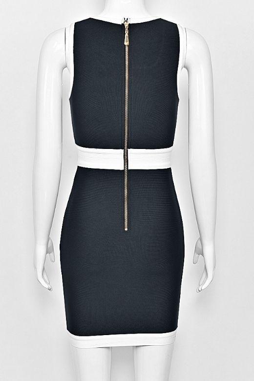 Classic Black Round Neck Contrast Trim Faux Pocket Bandage Bodycon Mini Dress