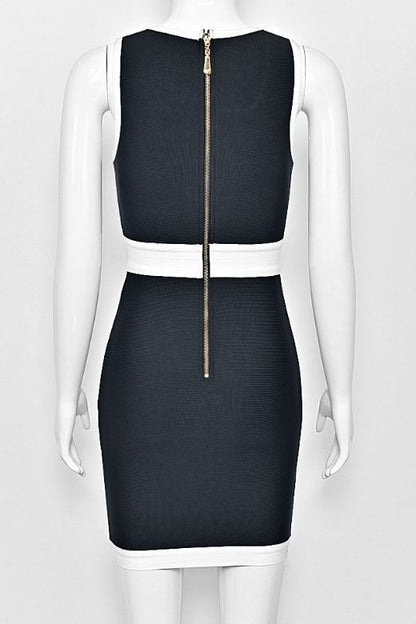 Classic Black Round Neck Contrast Trim Faux Pocket Bandage Bodycon Mini Dress