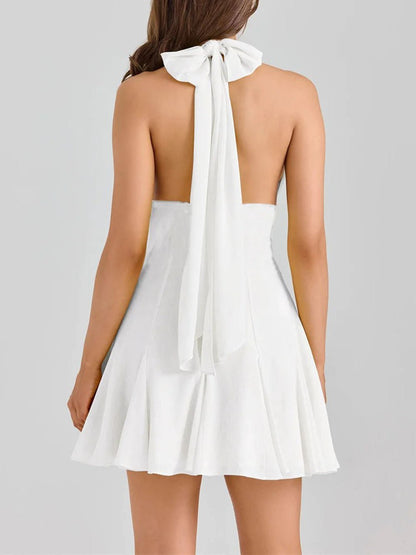 Halter Neck Deep V-Neck Lace Trim Waist Pleated Mini Dress