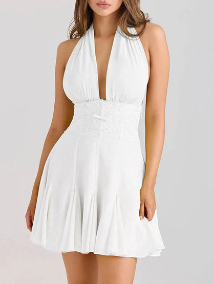 Halter Neck Deep V-Neck Lace Trim Waist Pleated Mini Dress