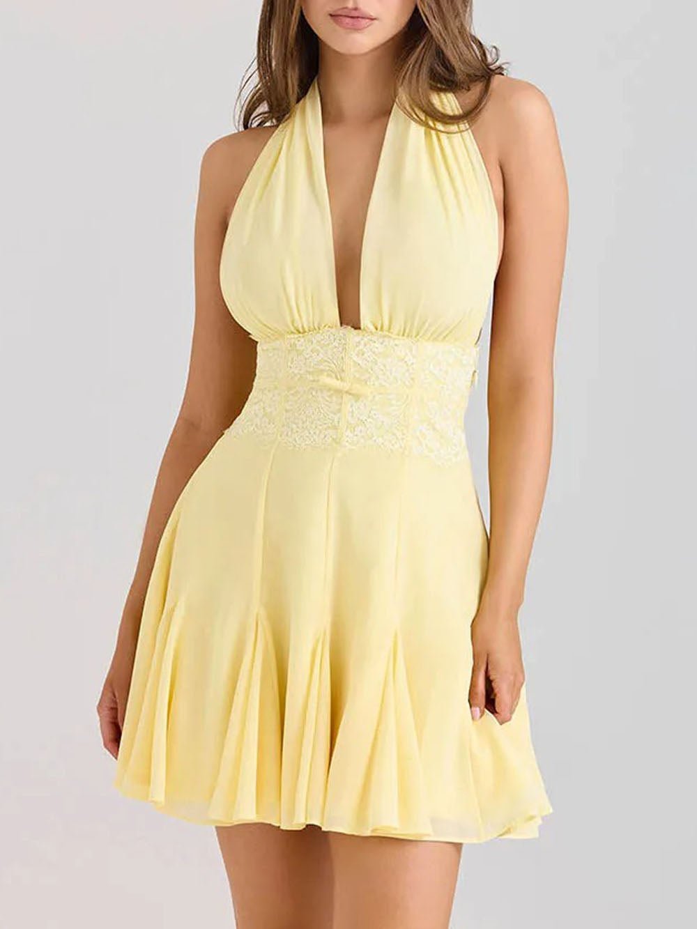 Halter Neck Deep V-Neck Lace Trim Waist Pleated Mini Dress