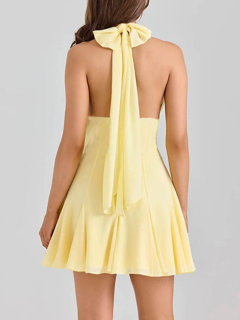 Halter Neck Deep V-Neck Lace Trim Waist Pleated Mini Dress