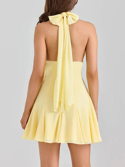 Halter Neck Deep V-Neck Lace Trim Waist Pleated Mini Dress
