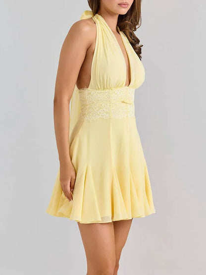 Halter Neck Deep V-Neck Lace Trim Waist Pleated Mini Dress