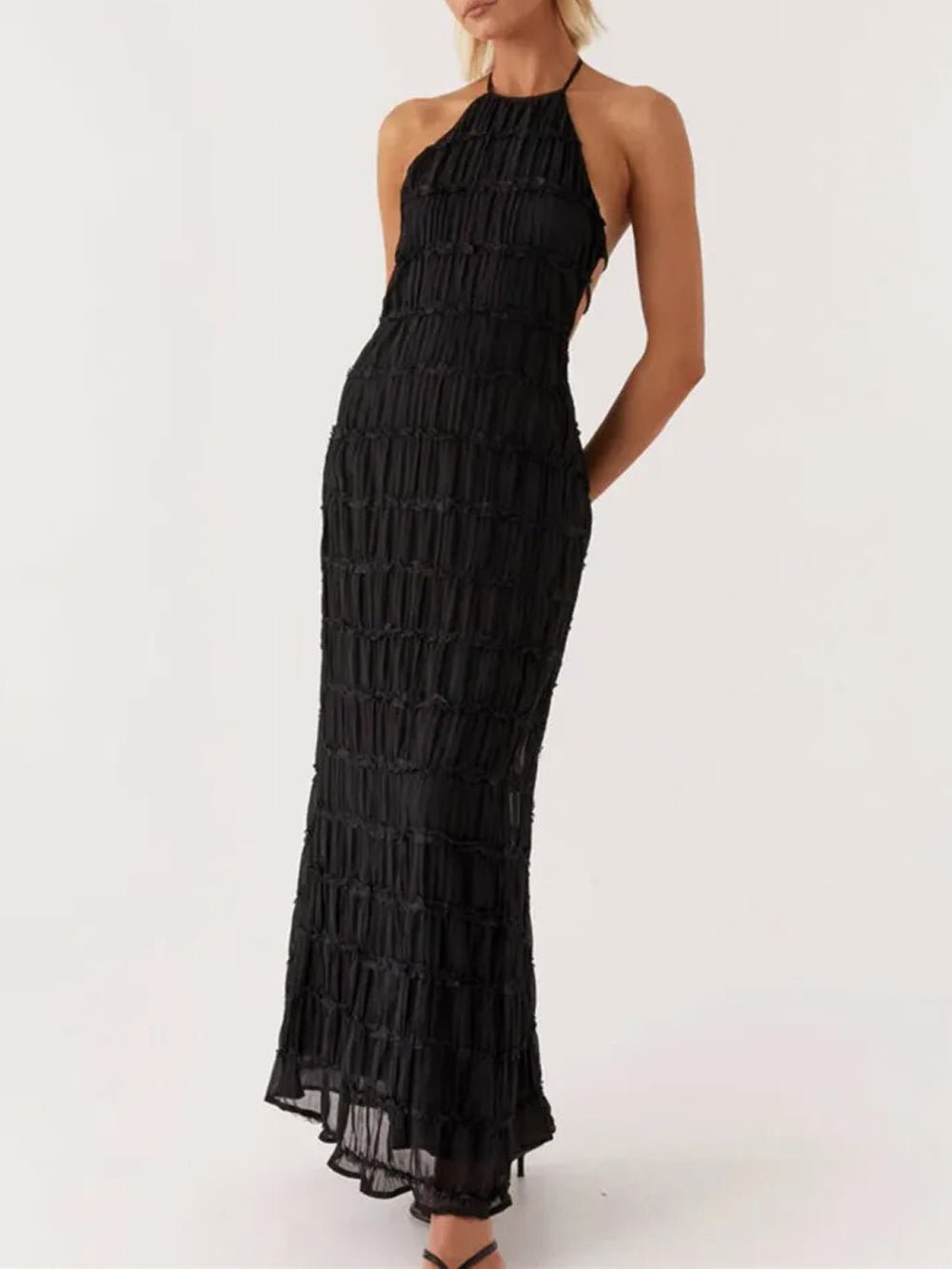 Halter Neck Tiered Ruffle Pleated Bodycon Maxi Dress