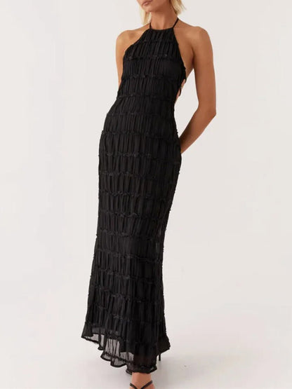 Halter Neck Tiered Ruffle Pleated Bodycon Maxi Dress