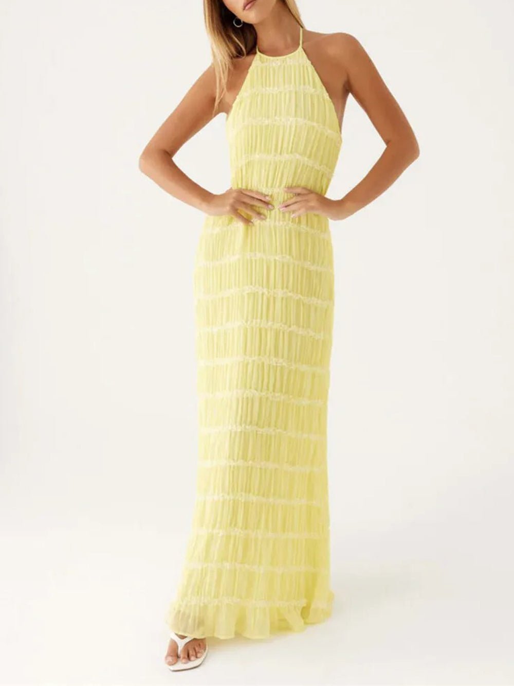 Halter Neck Tiered Ruffle Pleated Bodycon Maxi Dress