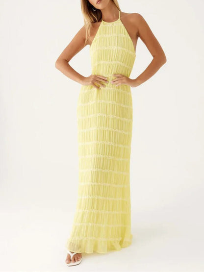 Halter Neck Tiered Ruffle Pleated Bodycon Maxi Dress