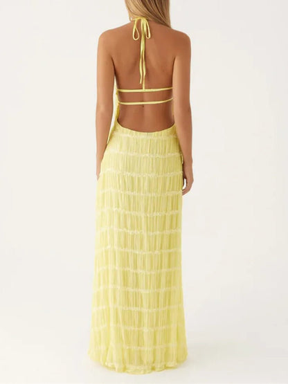 Halter Neck Tiered Ruffle Pleated Bodycon Maxi Dress