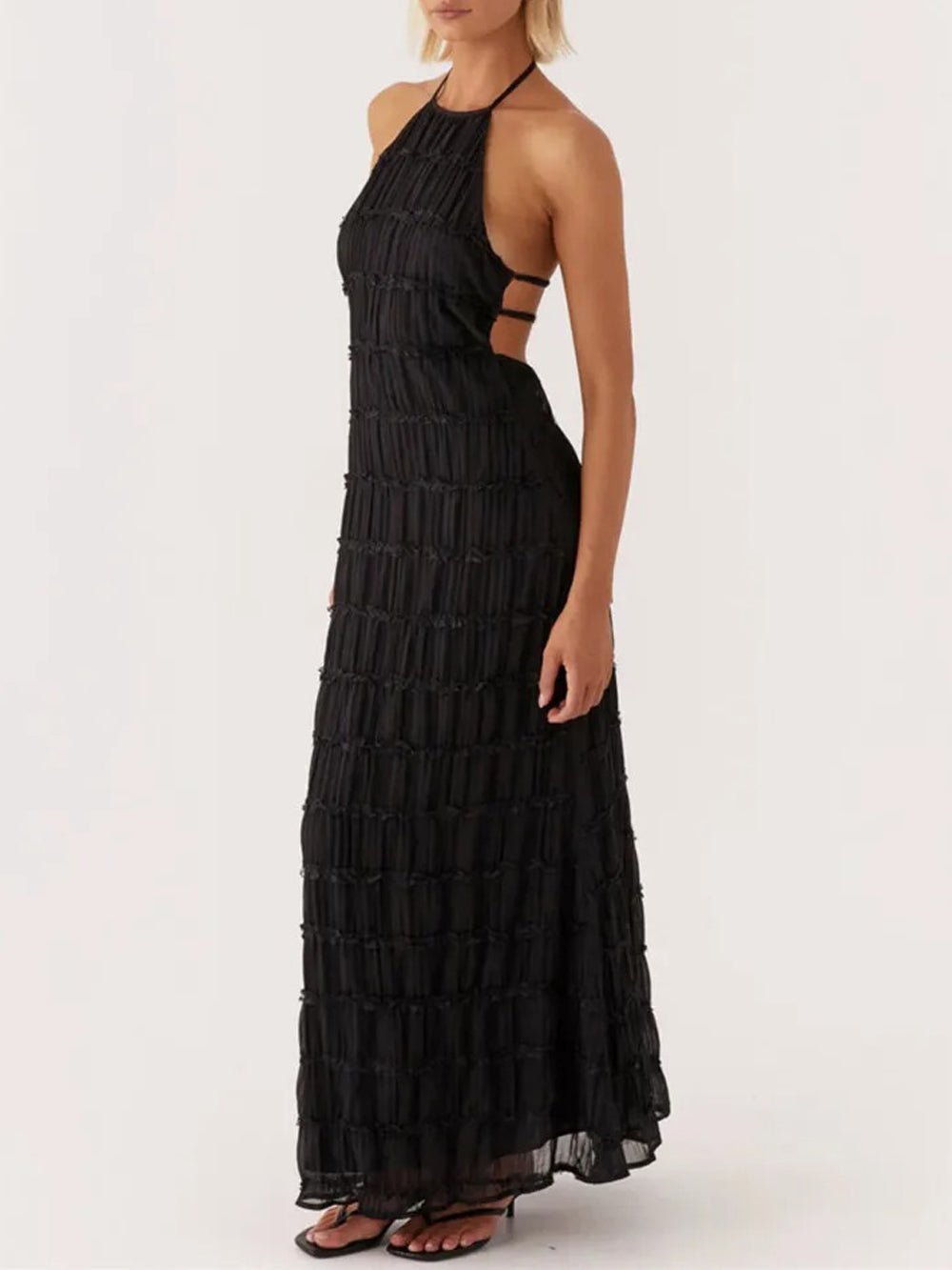 Halter Neck Tiered Ruffle Pleated Bodycon Maxi Dress