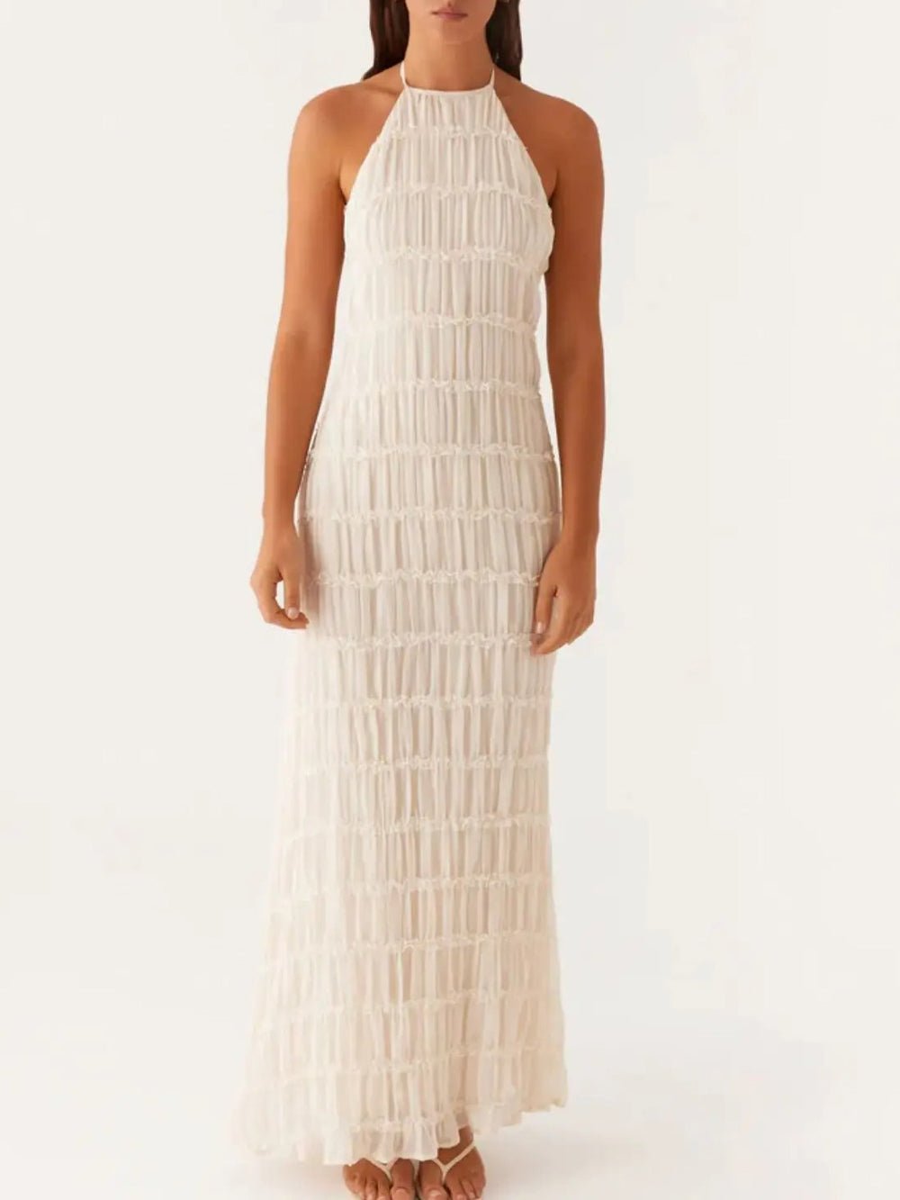 Halter Neck Tiered Ruffle Pleated Bodycon Maxi Dress