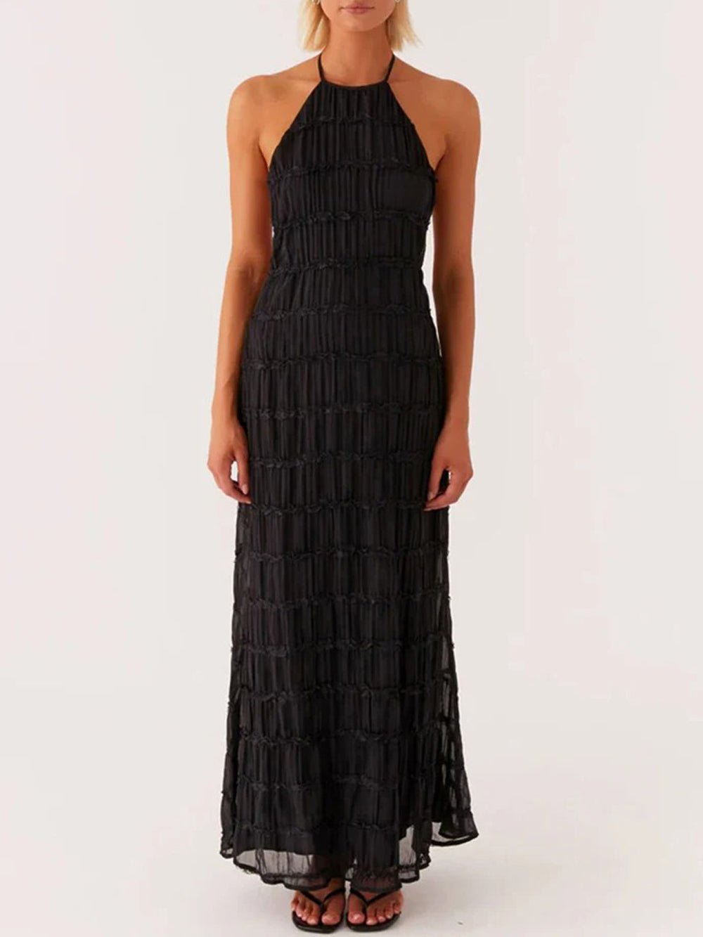 Halter Neck Tiered Ruffle Pleated Bodycon Maxi Dress